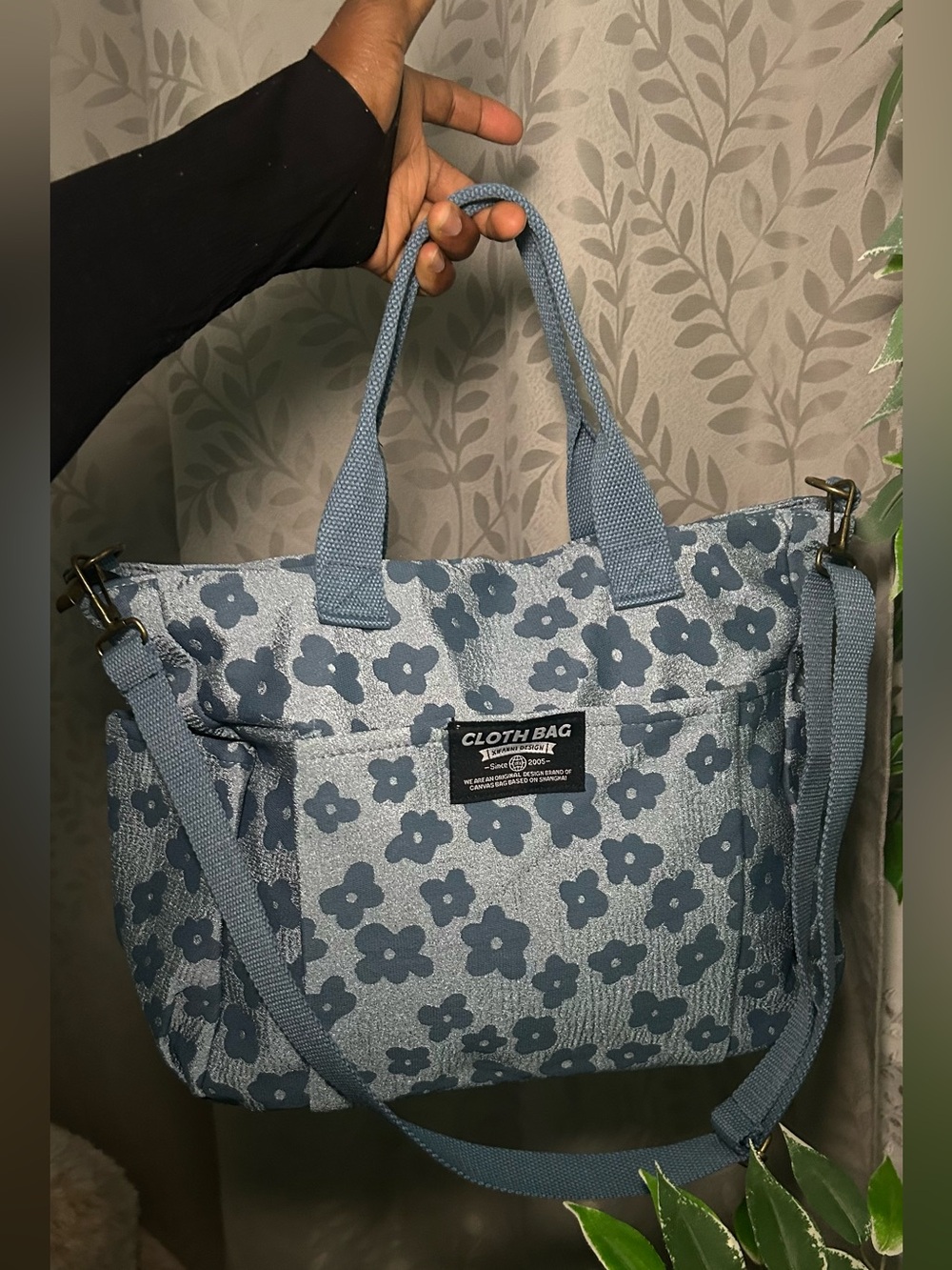 Floral Canvas Tote Bag in Dusty Blue